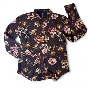Chaps Brown Neutral Floral Button-Down Shirt with Pink and Gold Blooms Vintage